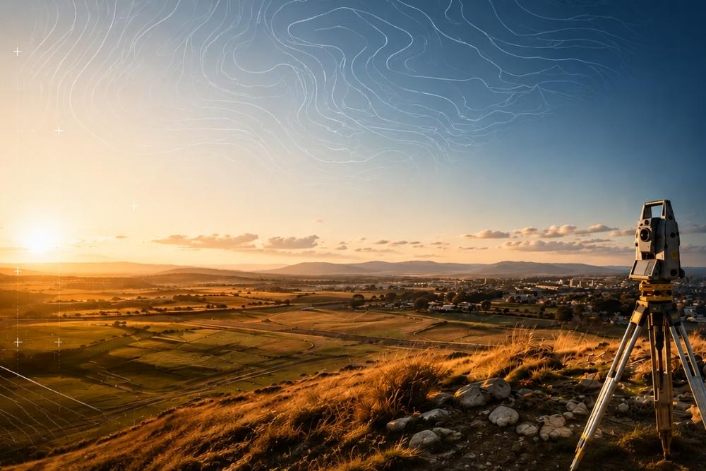 Survey total station on tripod at sunset overlooking rural landscape with digital topographic line